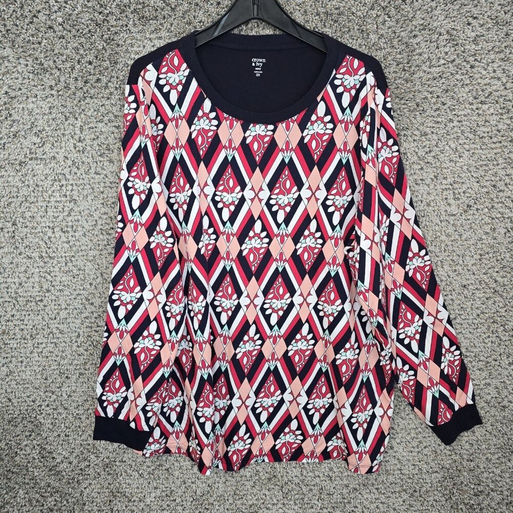 Crown & Ivy Top Womens Plus 2X Navy‎ Blue Curvy Floral Scoop Neck Blouse Ladies